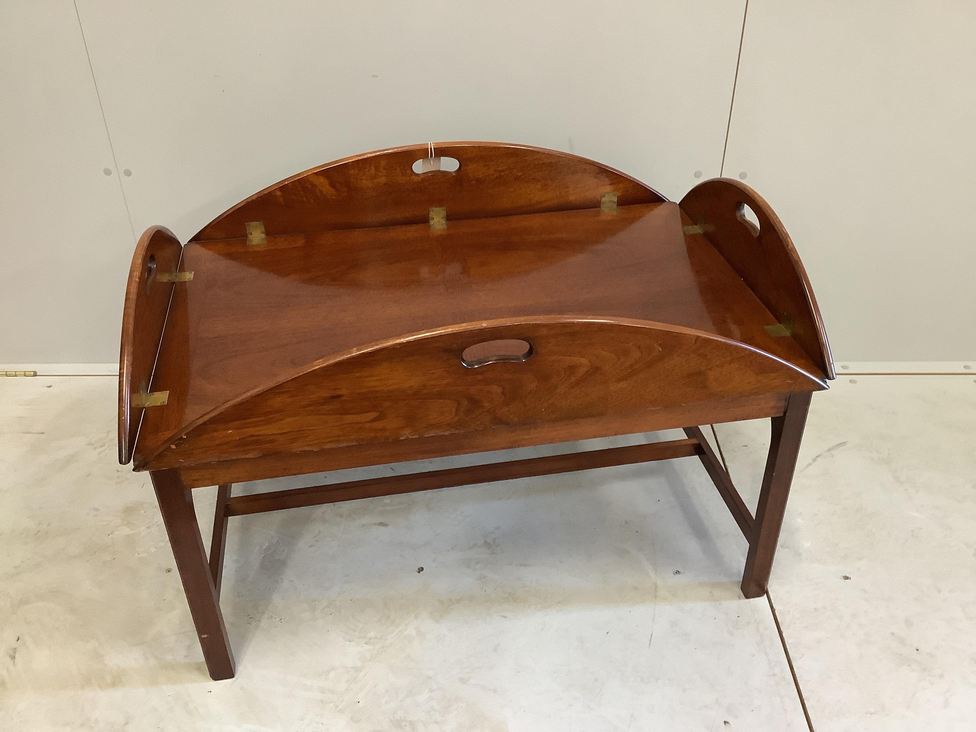 A reproduction mahogany butler's tray on stand, width 94cm, depth 63cm, height 60cm